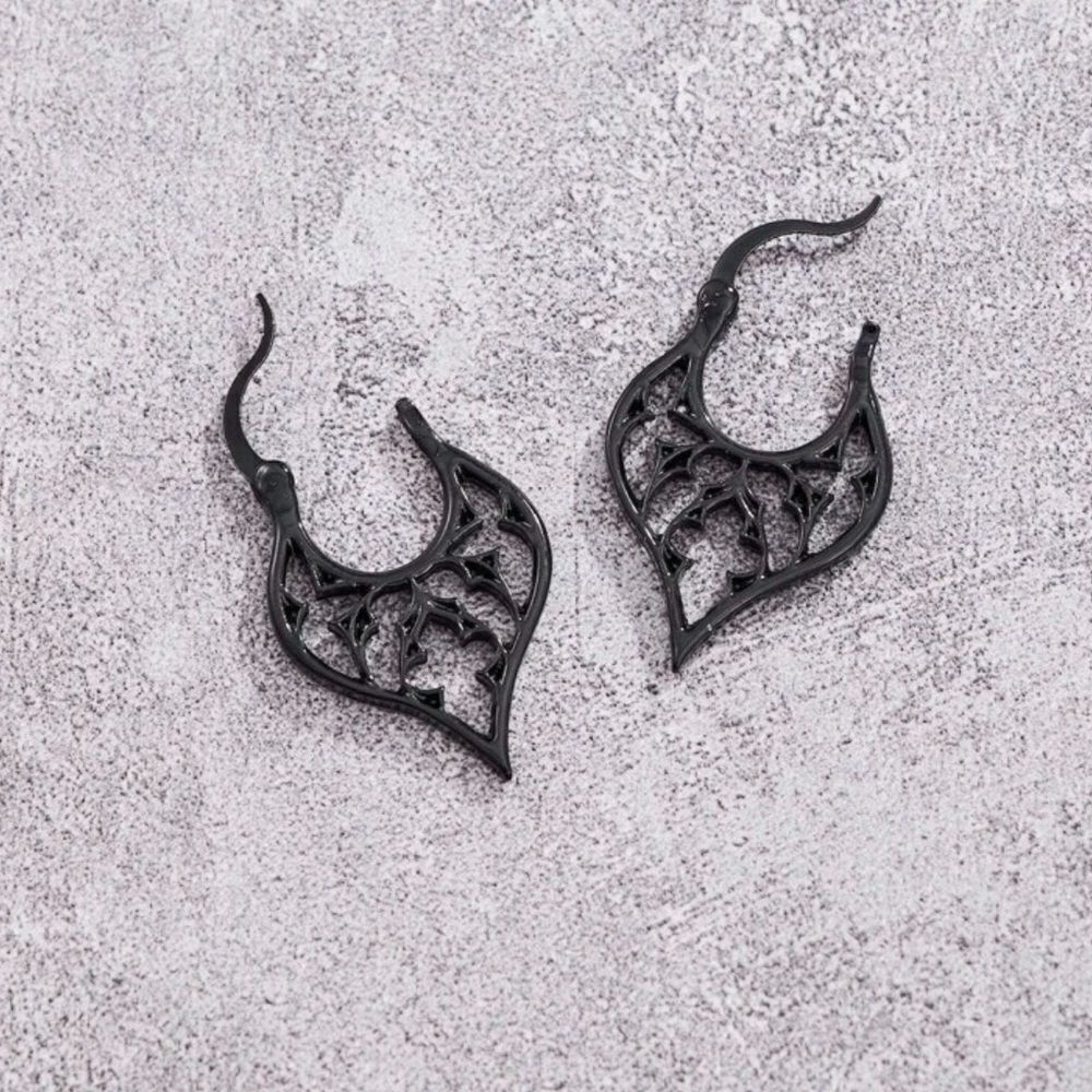 Gothic Deep Black Earrings, Scroll Detailing, Latch, Lightweight Metal NWT